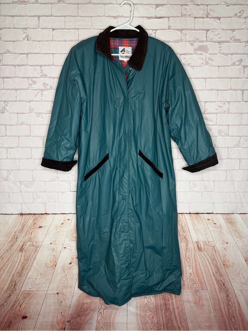 Vintage Misty Harbor Teal Plaid Lined Raincoat Trench Jacket Size Medium